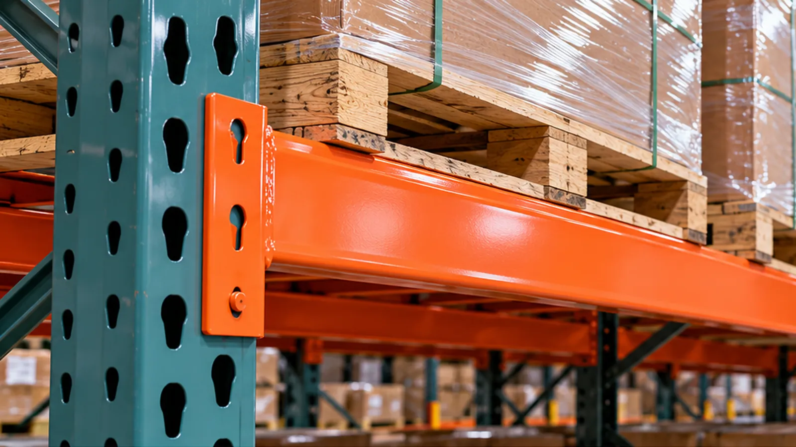 Orange pallet rack beam connected to a teal upright, supporting a wrapped pallet
