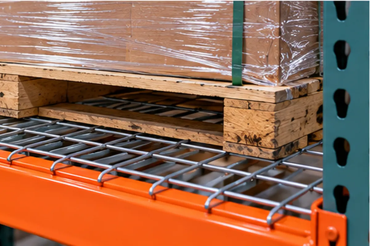 Wire decking on an orange beam supporting a wrapped pallet on wooden runners